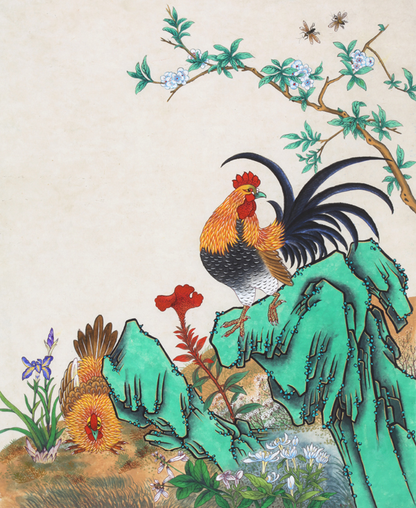 이명희 초대전 “복(福)을 그리는 민화” 중 '꽃과 닭'